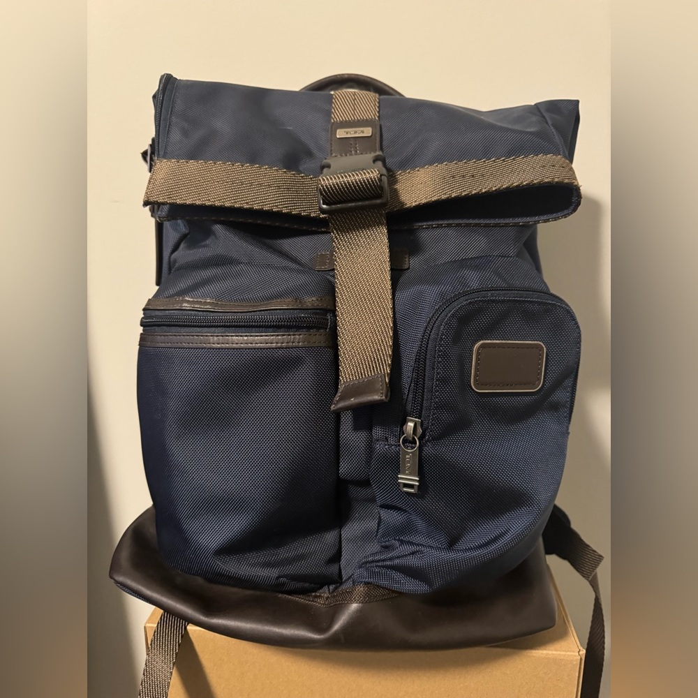 Tumi Navy and Brown Roll-Top Backpack
